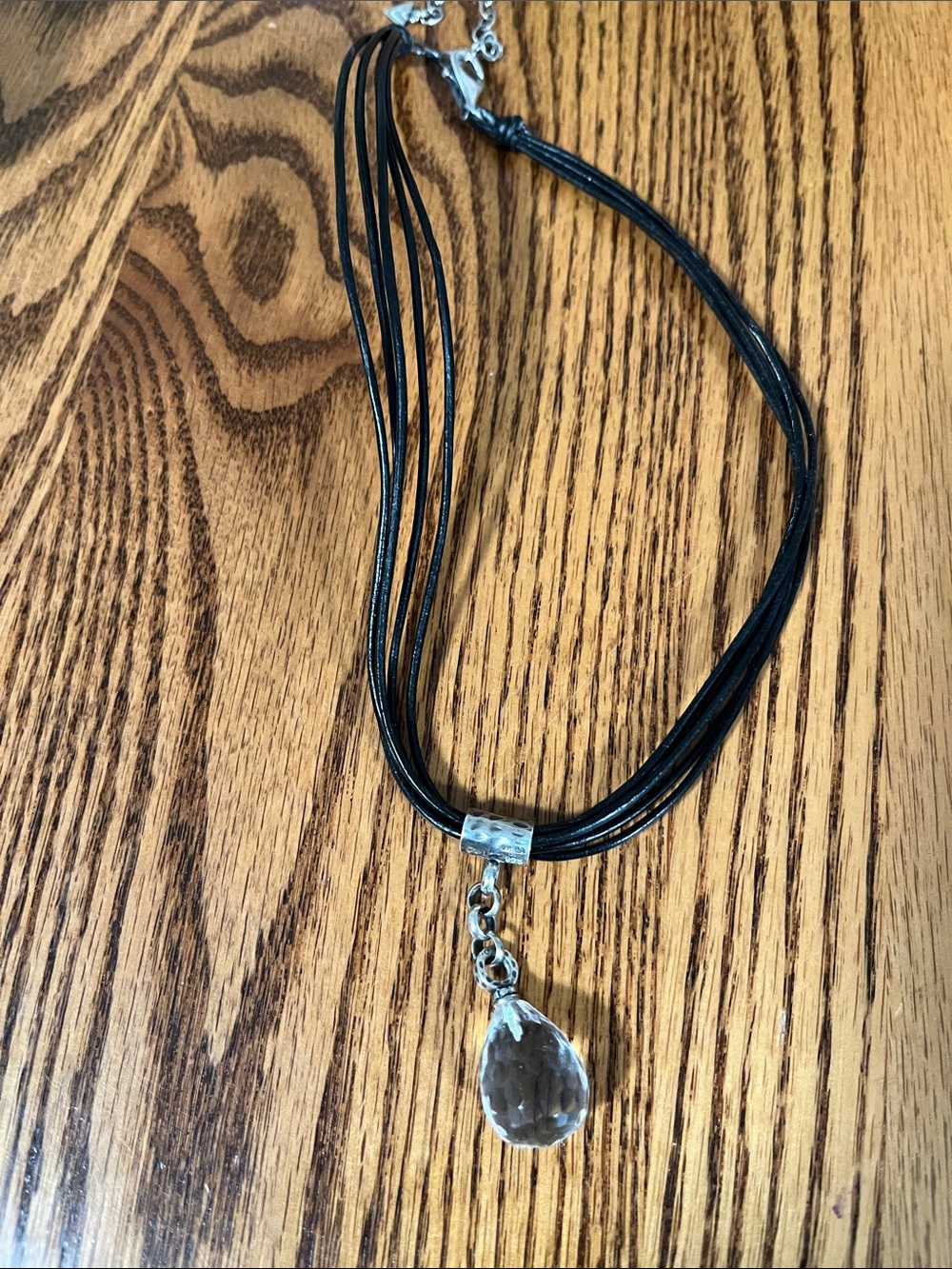 Silpada Black Multi-Strand Leather Necklace with Clear Teardrop Pendant